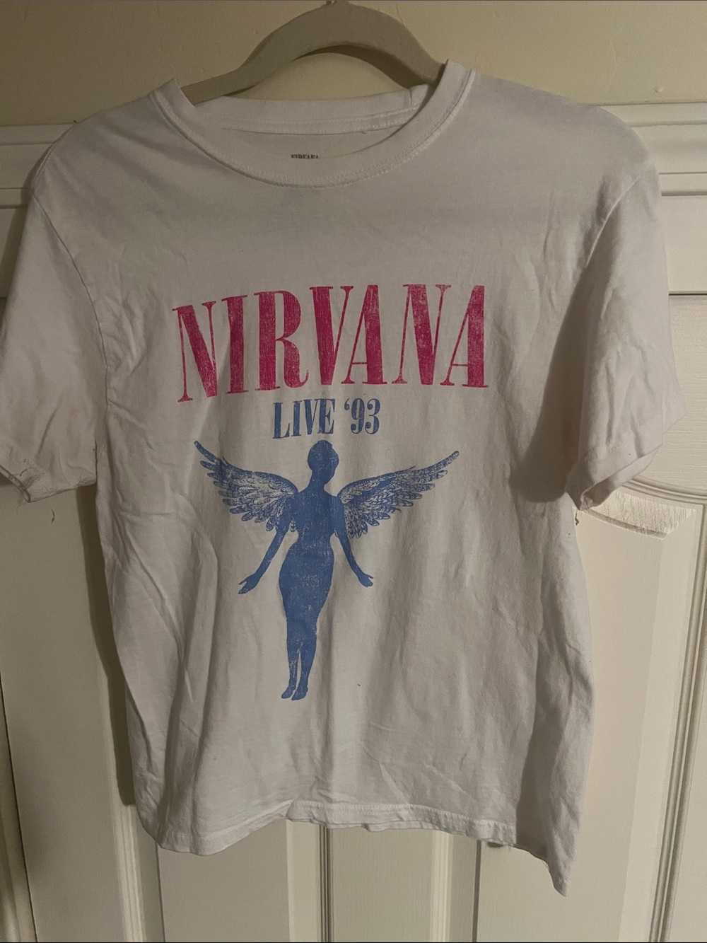 NIRVANA White Short Sleeve Tee with Pink Logo & Blue Angel